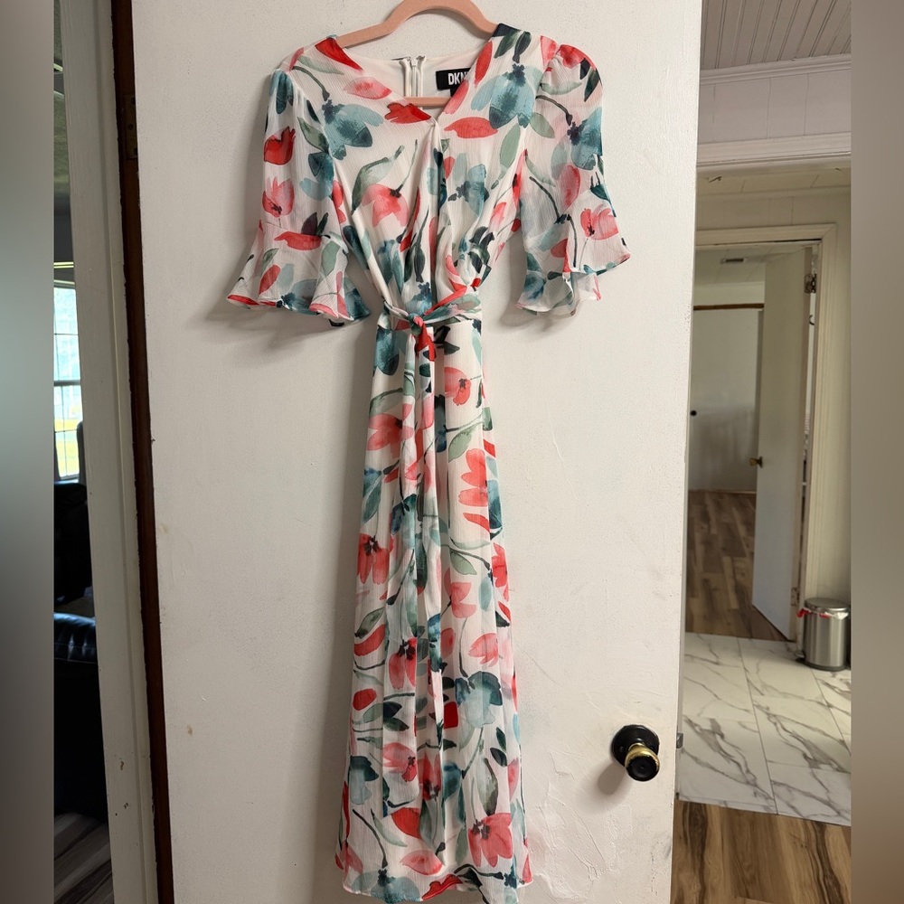 DKNY Floral Tie-Waist Dress in Coral and Teal